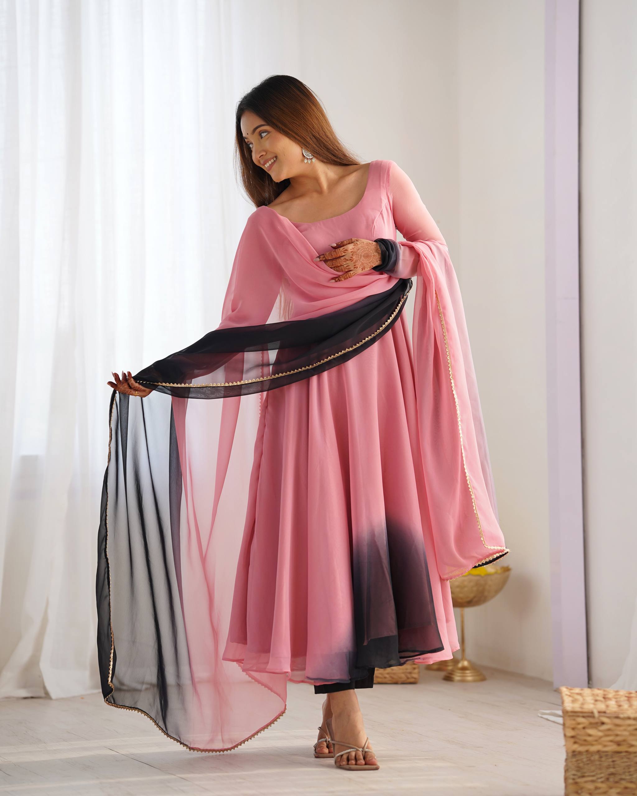 Flared Fox Georgette Anarkali Suit Set with Dupatta and Pant