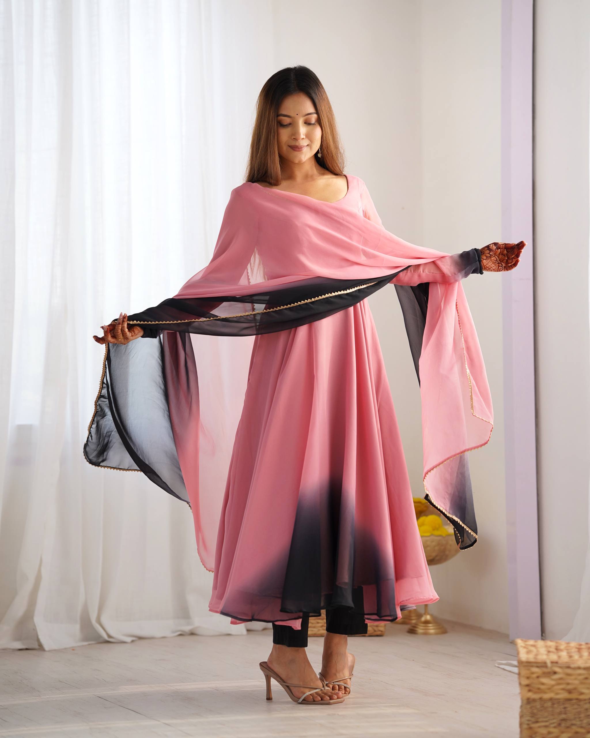 Flared Fox Georgette Anarkali Suit Set with Dupatta and Pant