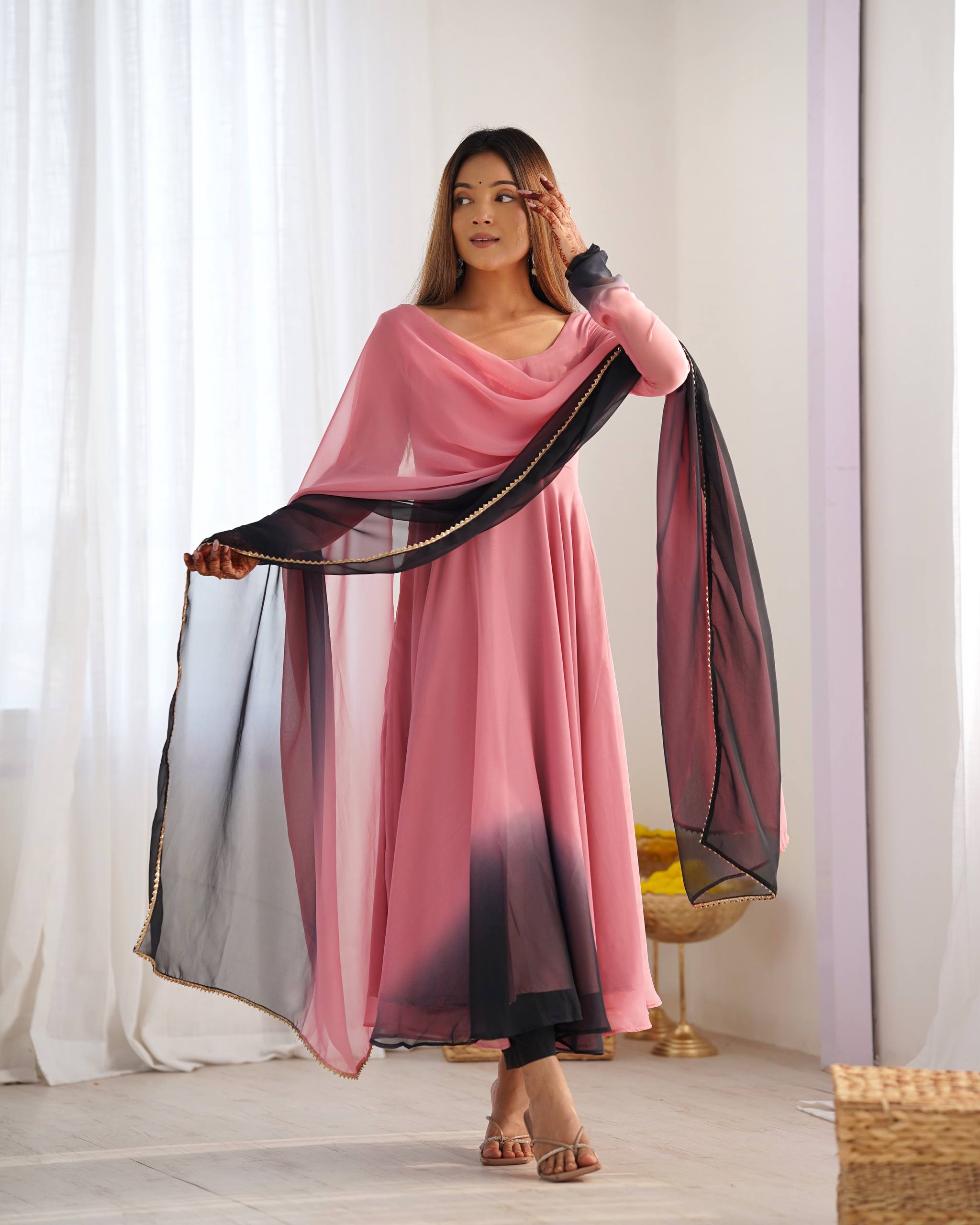 Flared Fox Georgette Anarkali Suit Set with Dupatta and Pant