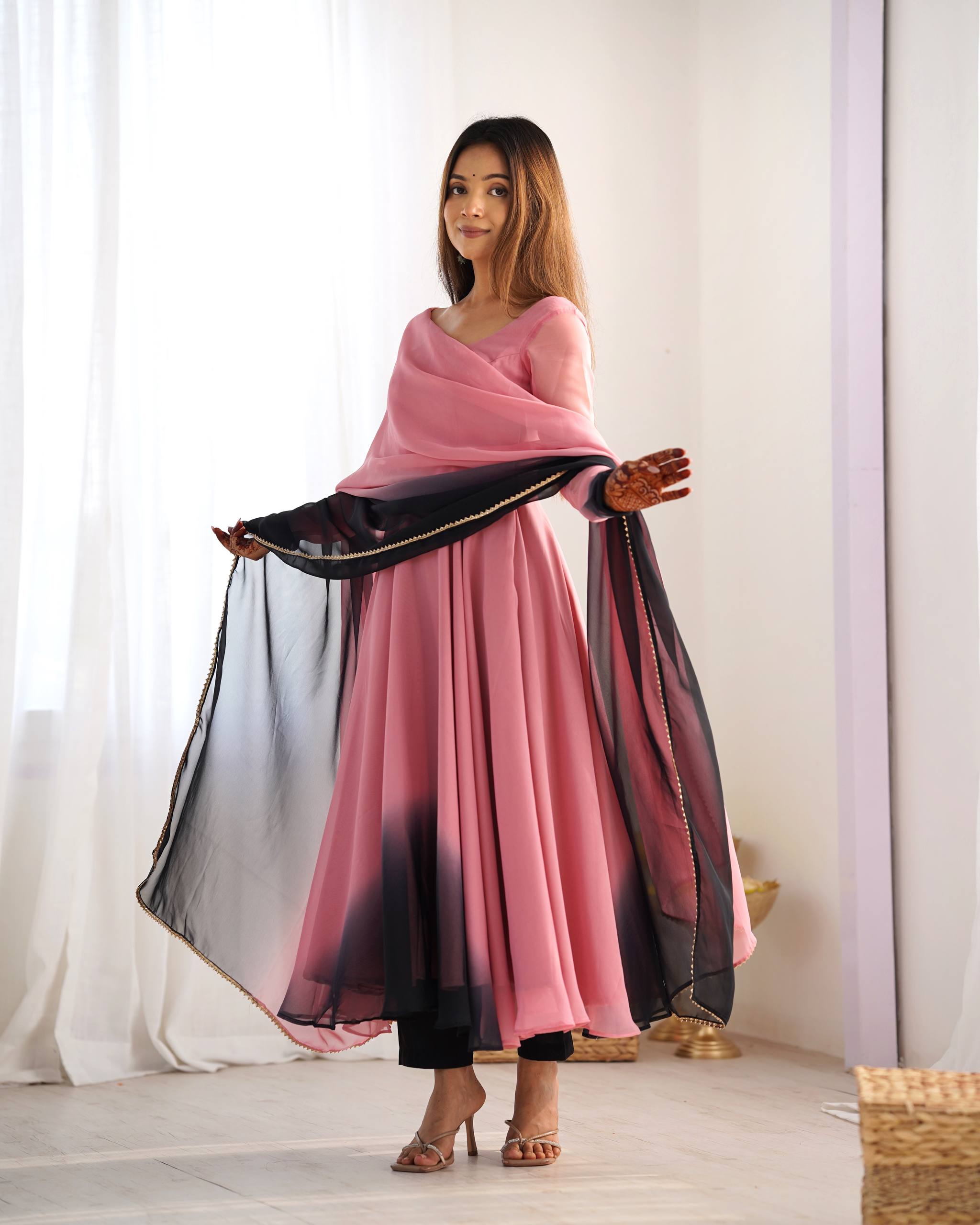 Flared Fox Georgette Anarkali Suit Set with Dupatta and Pant