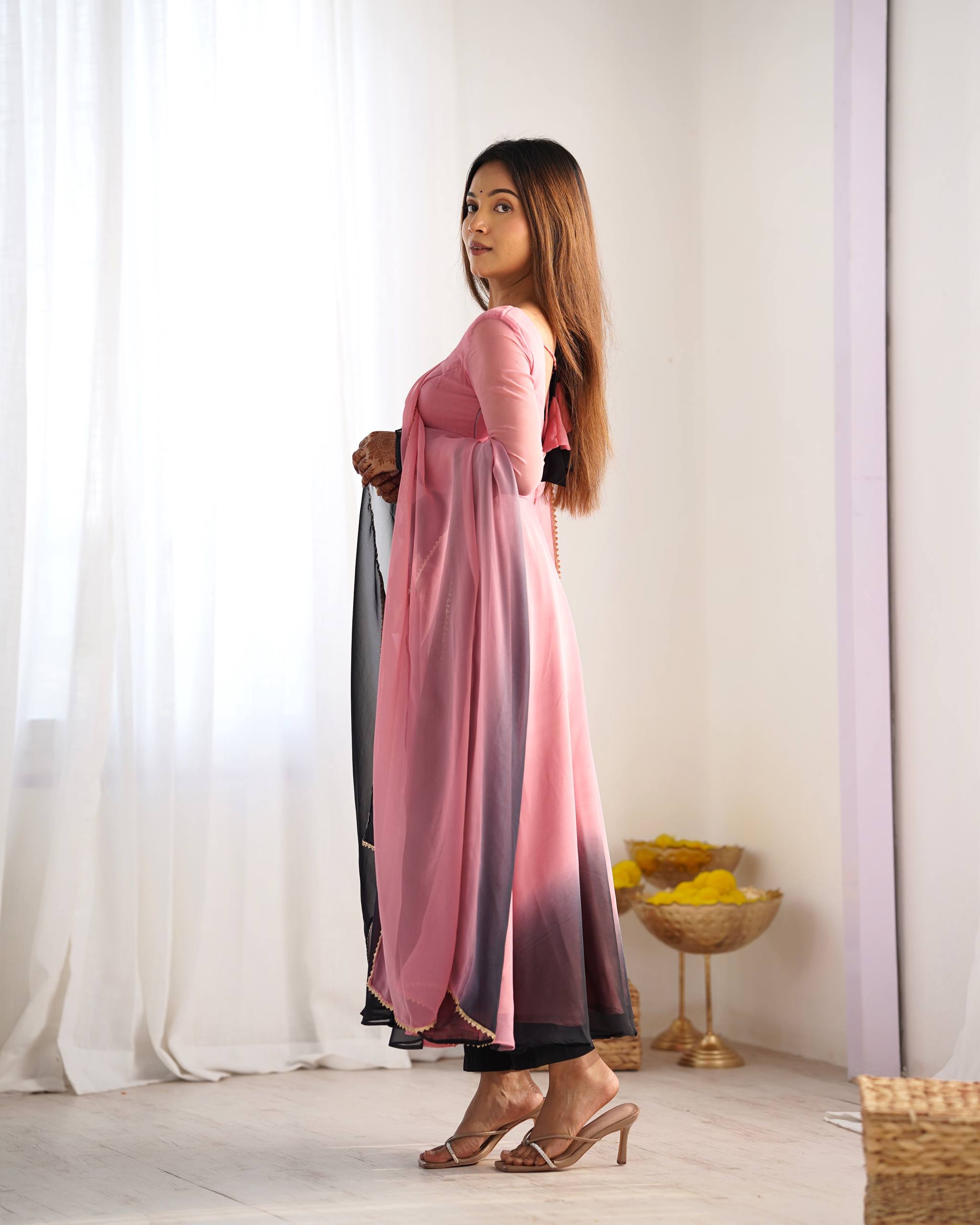 Flared Fox Georgette Anarkali Suit Set with Dupatta and Pant