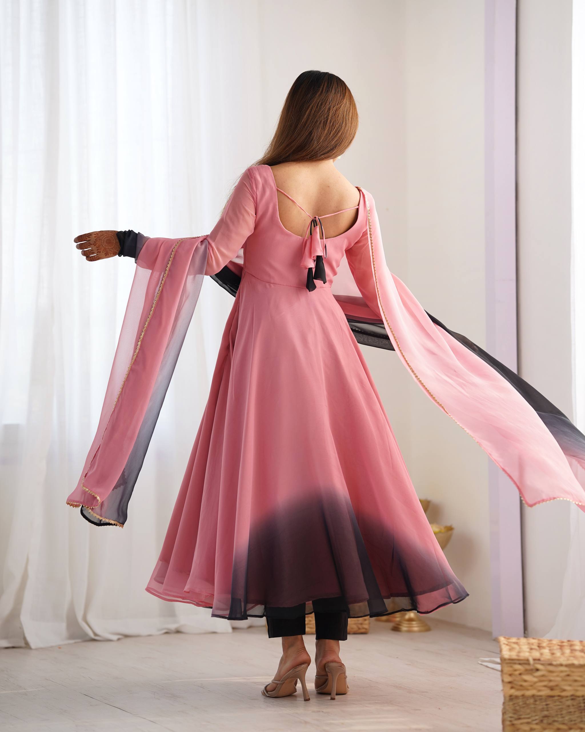 Flared Fox Georgette Anarkali Suit Set with Dupatta and Pant