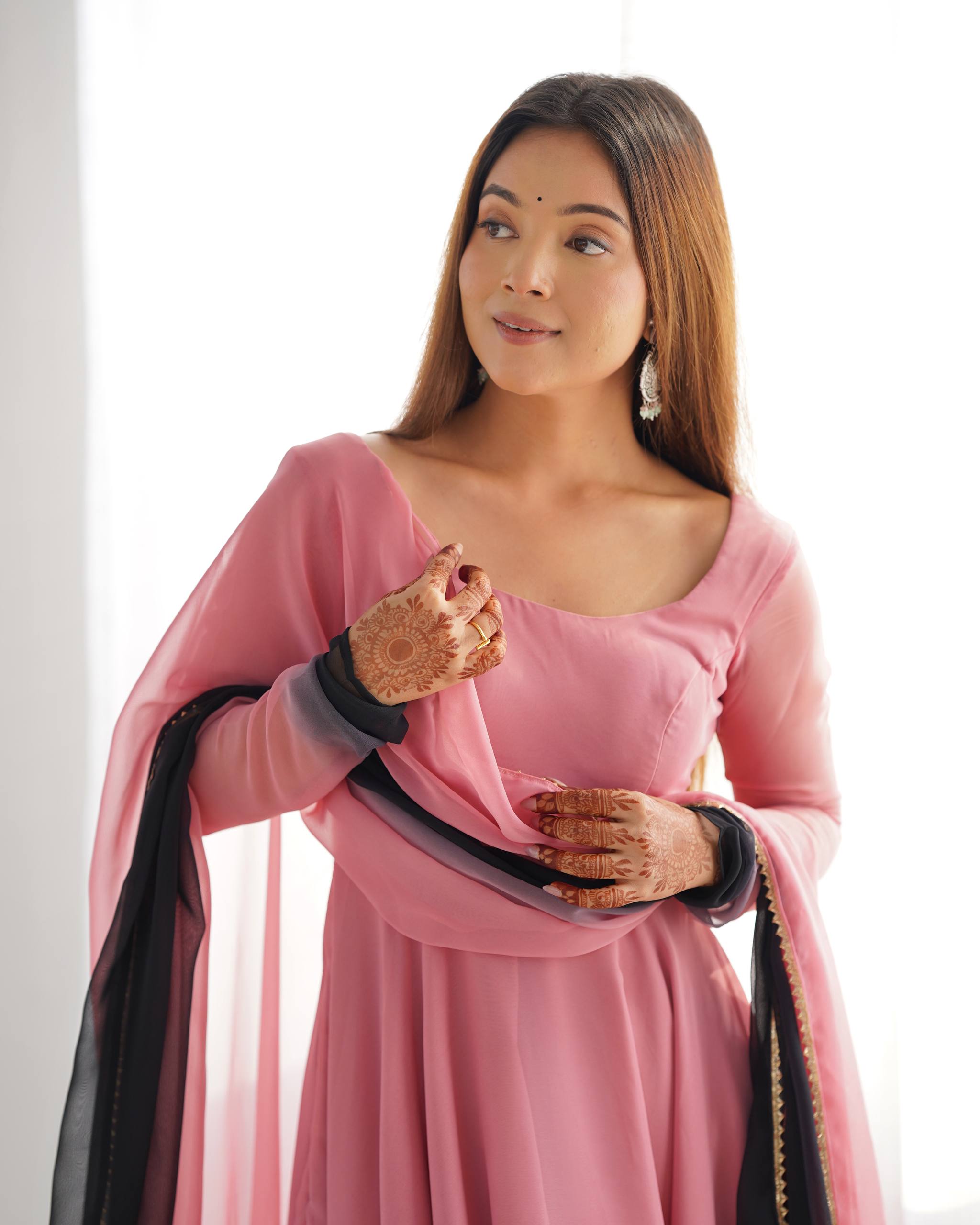 Flared Fox Georgette Anarkali Suit Set with Dupatta and Pant