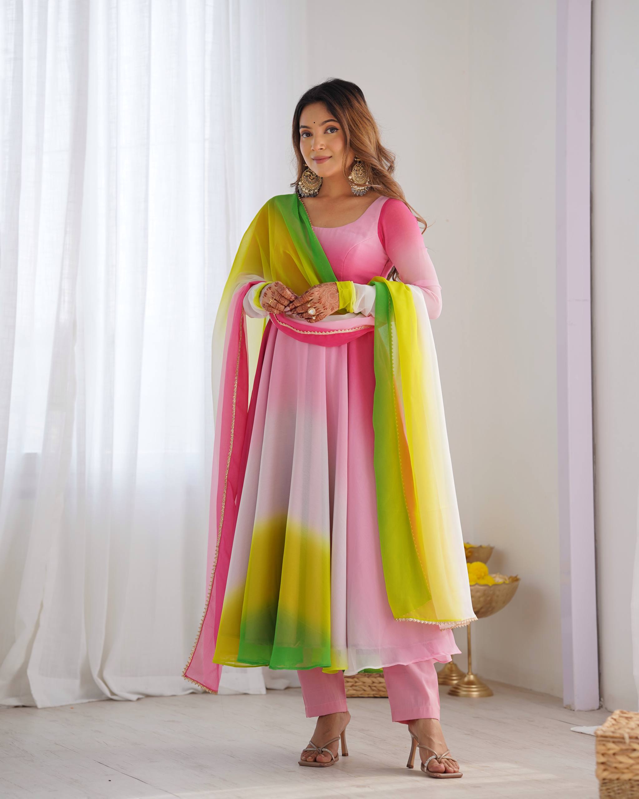 Flared Fox Georgette Anarkali Suit Set with Dupatta and Pant