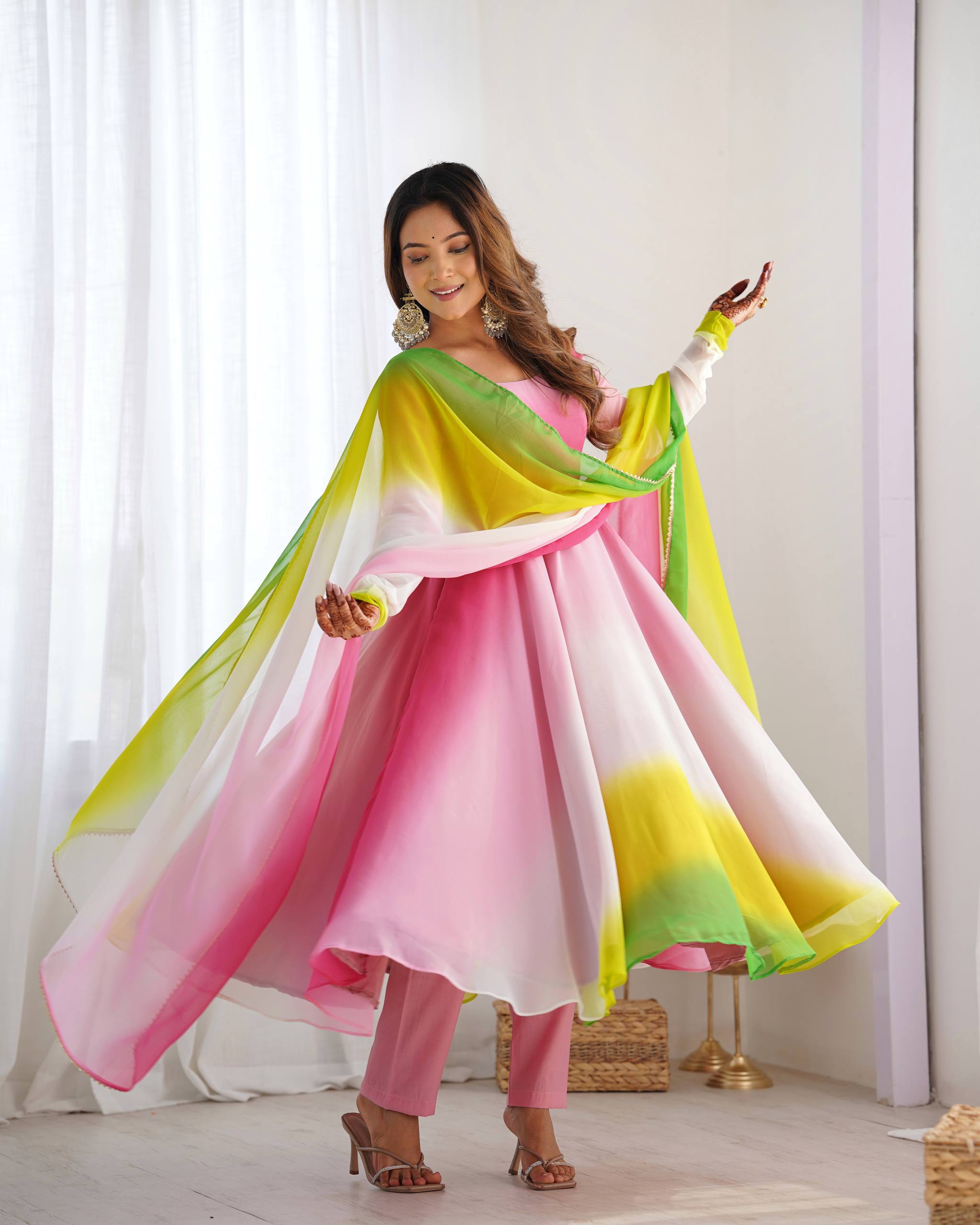 Flared Fox Georgette Anarkali Suit Set with Dupatta and Pant