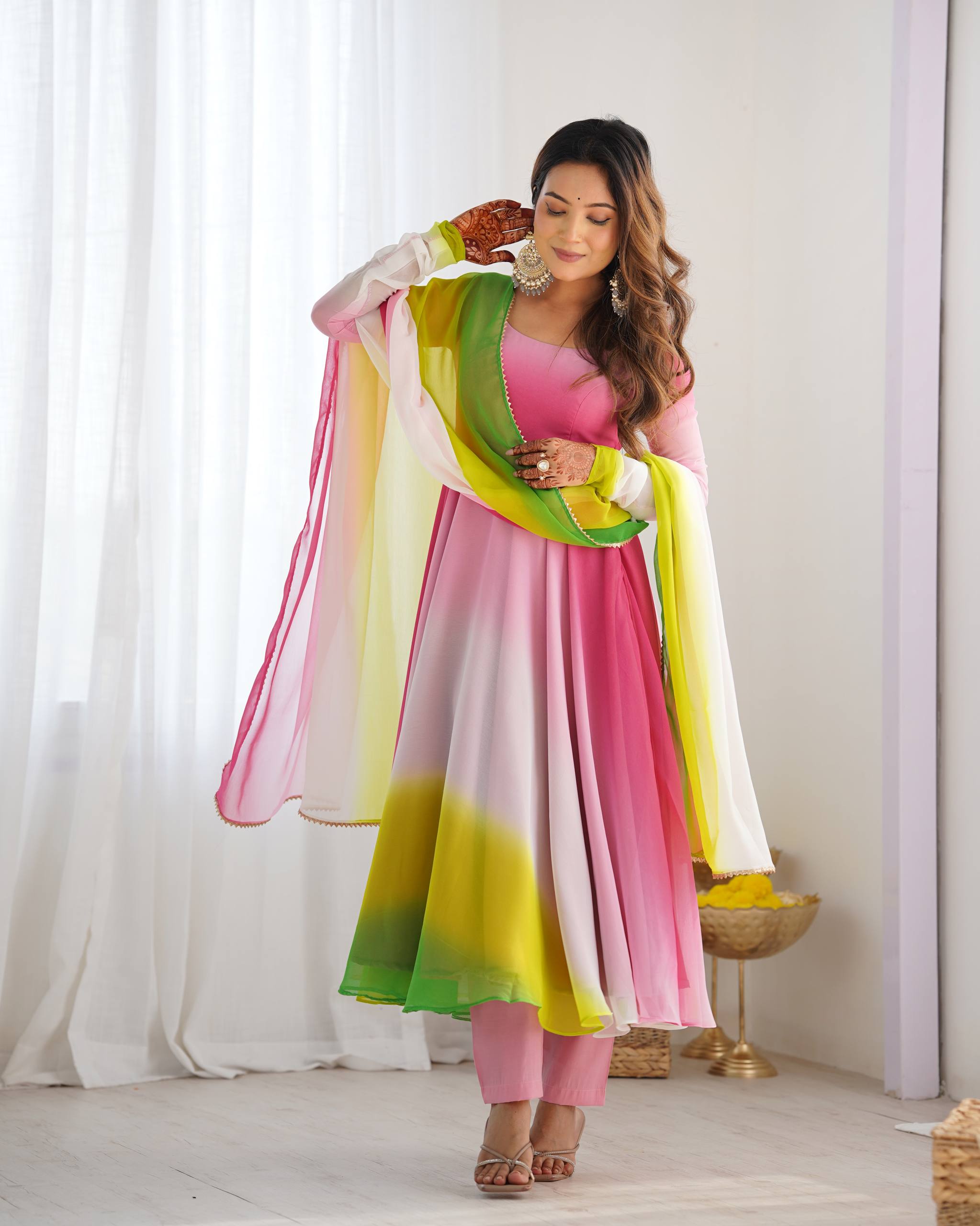 Flared Fox Georgette Anarkali Suit Set with Dupatta and Pant