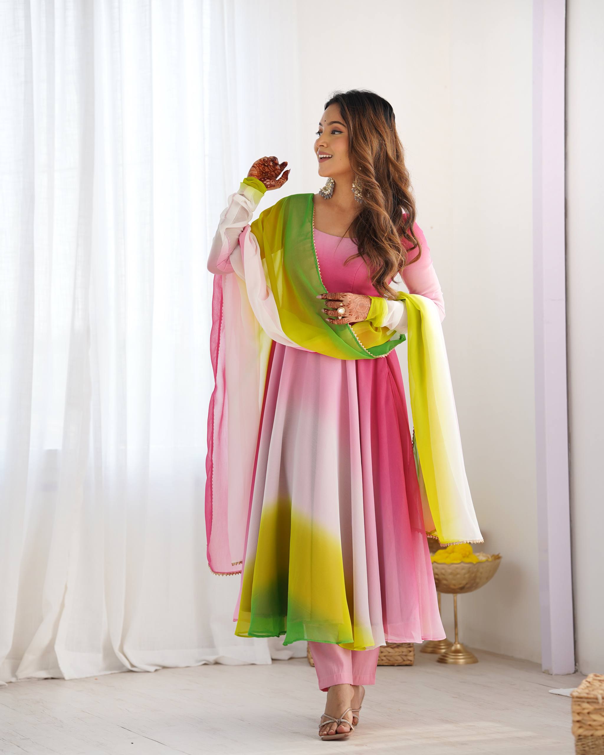 Flared Fox Georgette Anarkali Suit Set with Dupatta and Pant