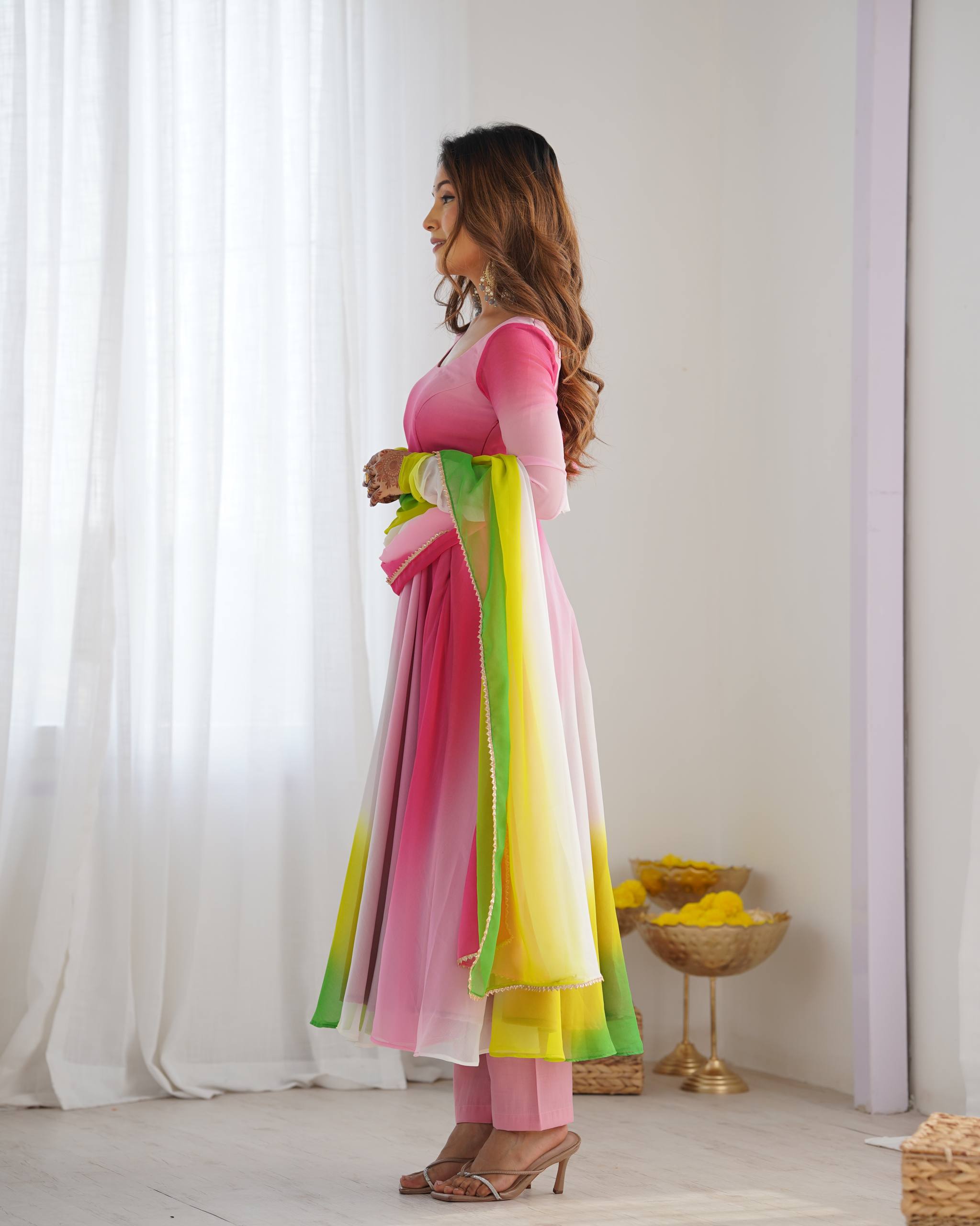 Flared Fox Georgette Anarkali Suit Set with Dupatta and Pant