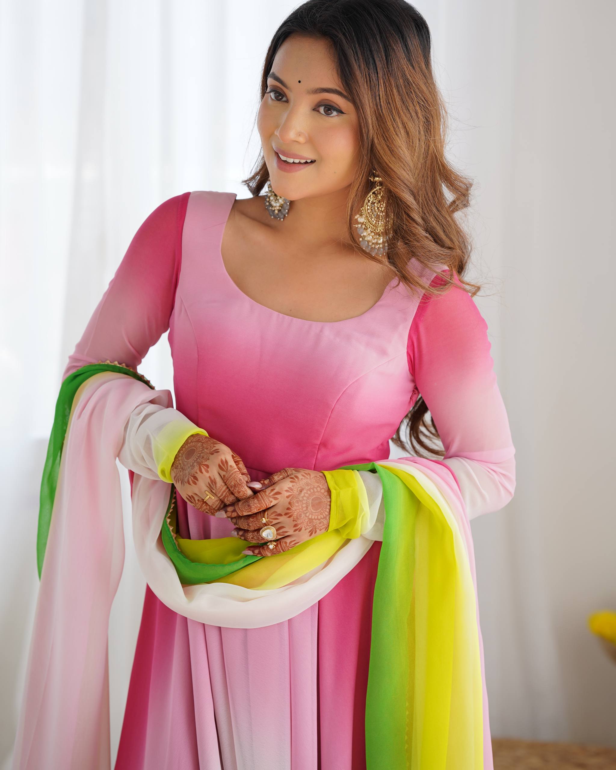 Flared Fox Georgette Anarkali Suit Set with Dupatta and Pant