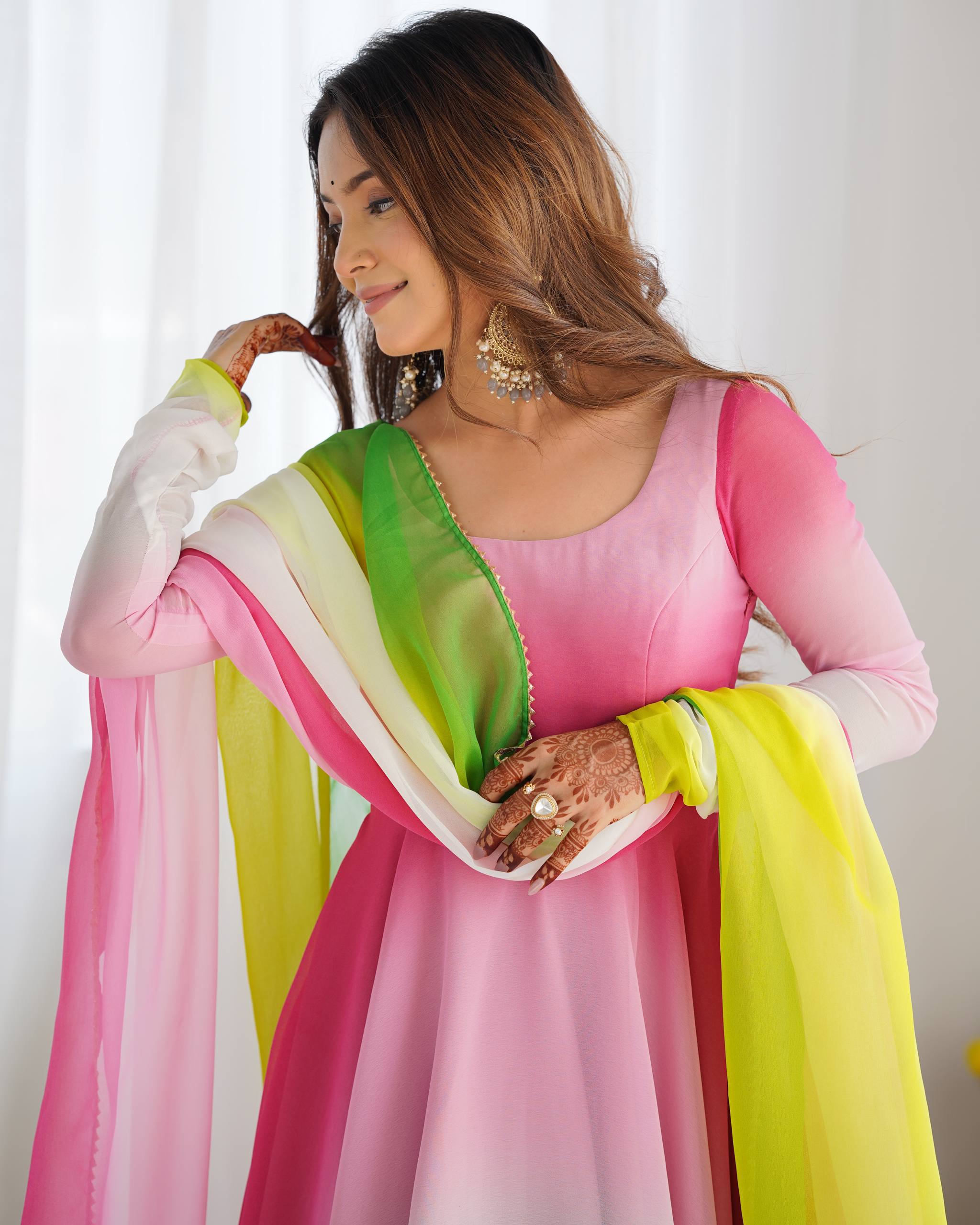 Flared Fox Georgette Anarkali Suit Set with Dupatta and Pant