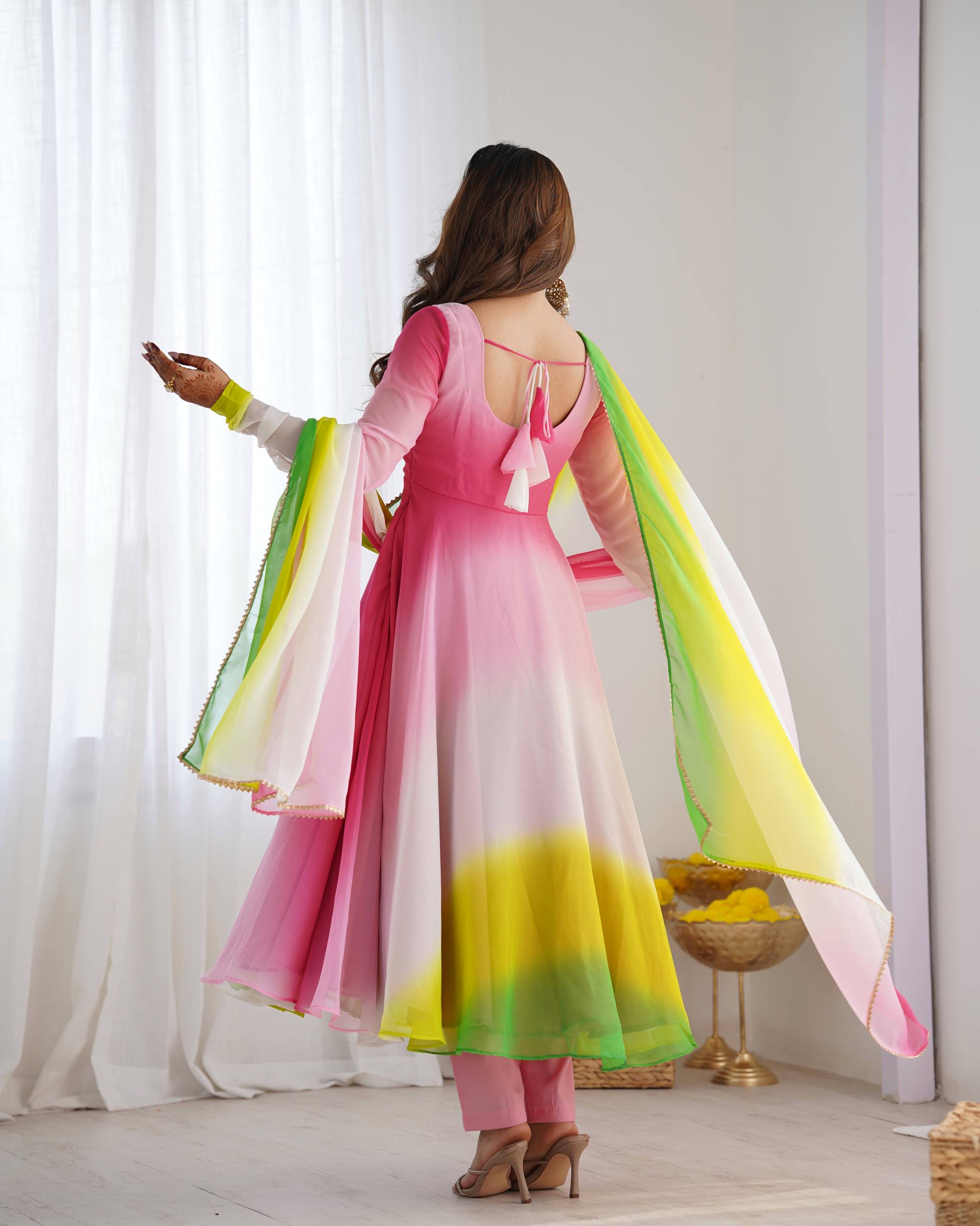 Flared Fox Georgette Anarkali Suit Set with Dupatta and Pant