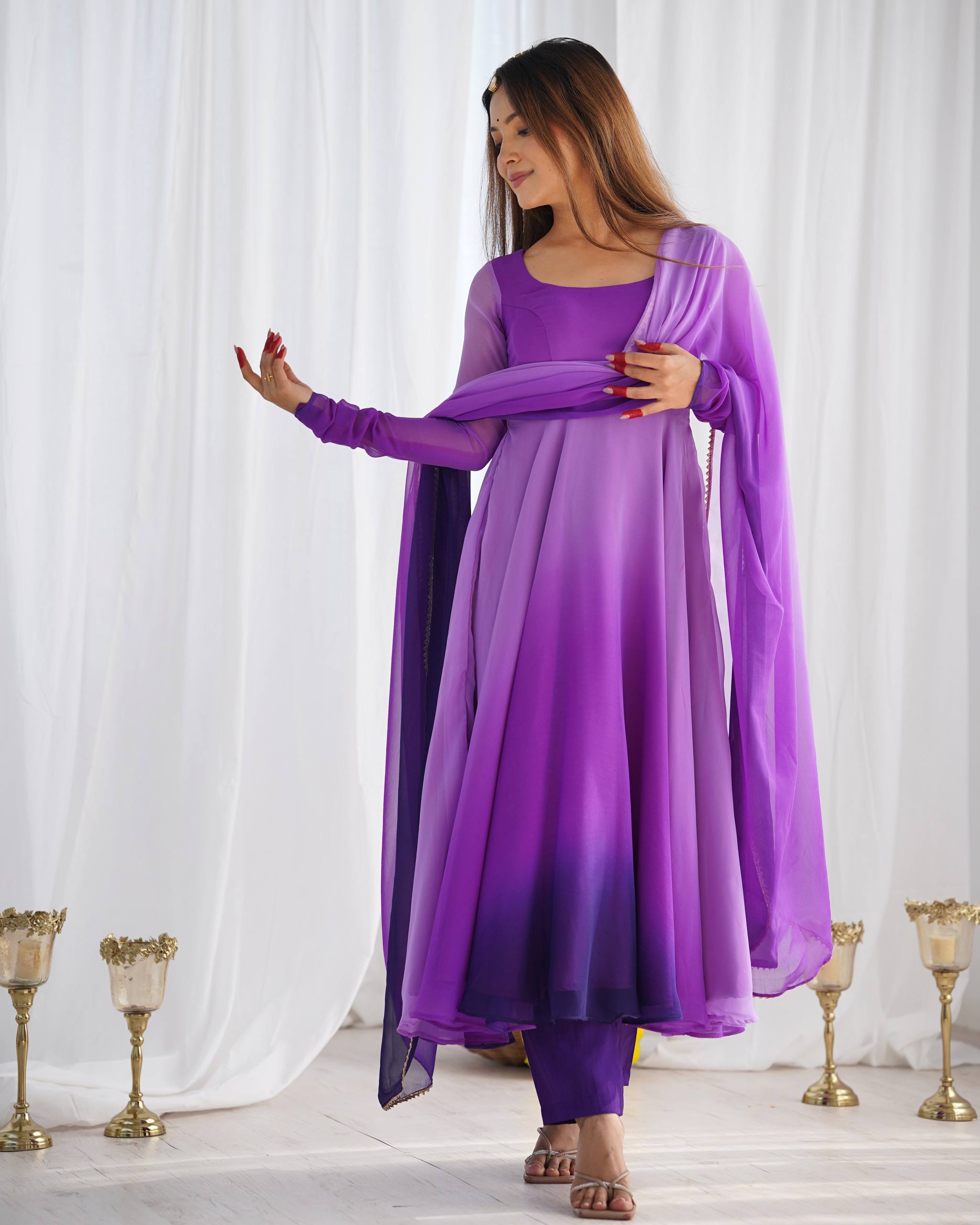 Flared Fox Georgette Anarkali Suit Set with Dupatta and Pant