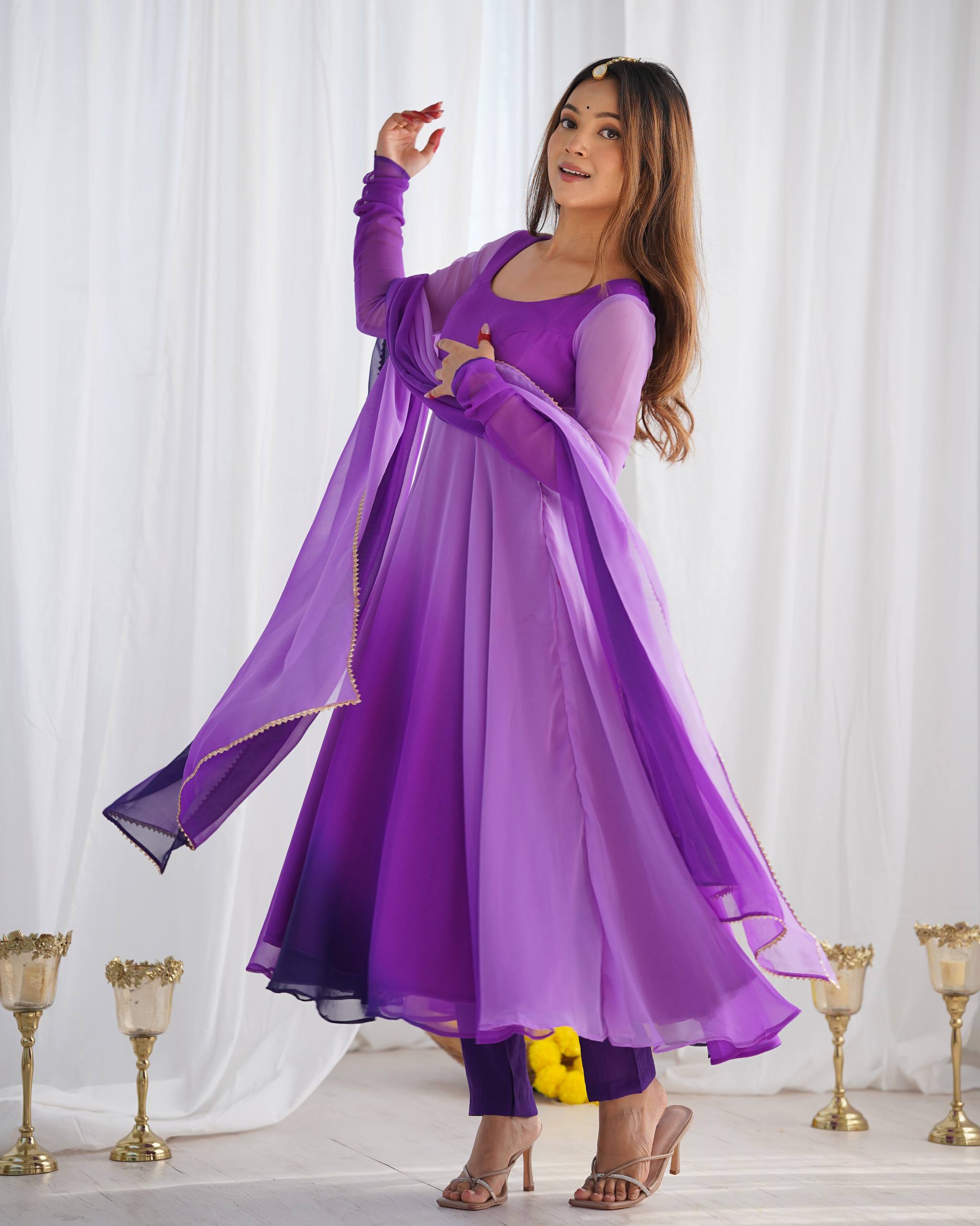 Flared Fox Georgette Anarkali Suit Set with Dupatta and Pant