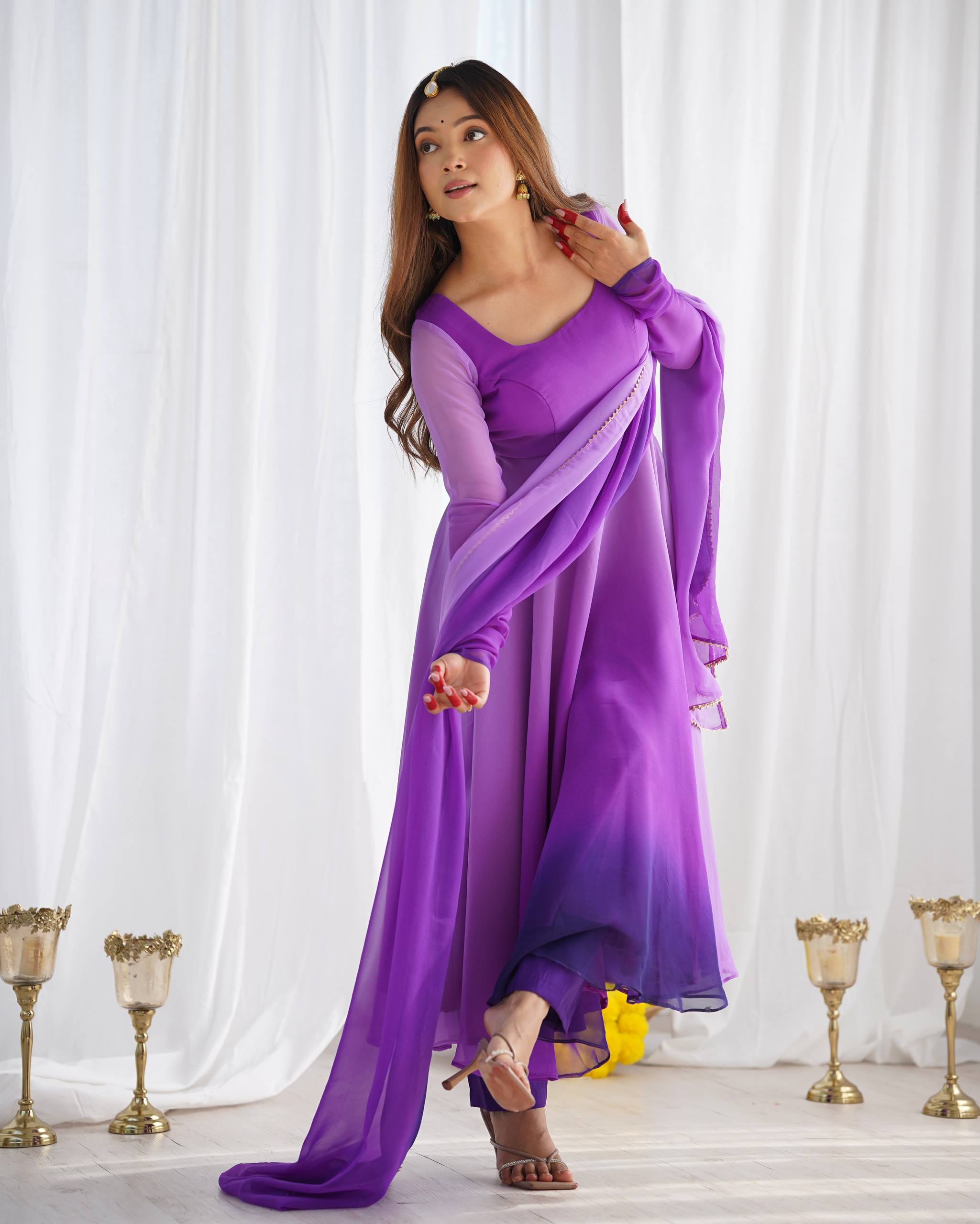 Flared Fox Georgette Anarkali Suit Set with Dupatta and Pant