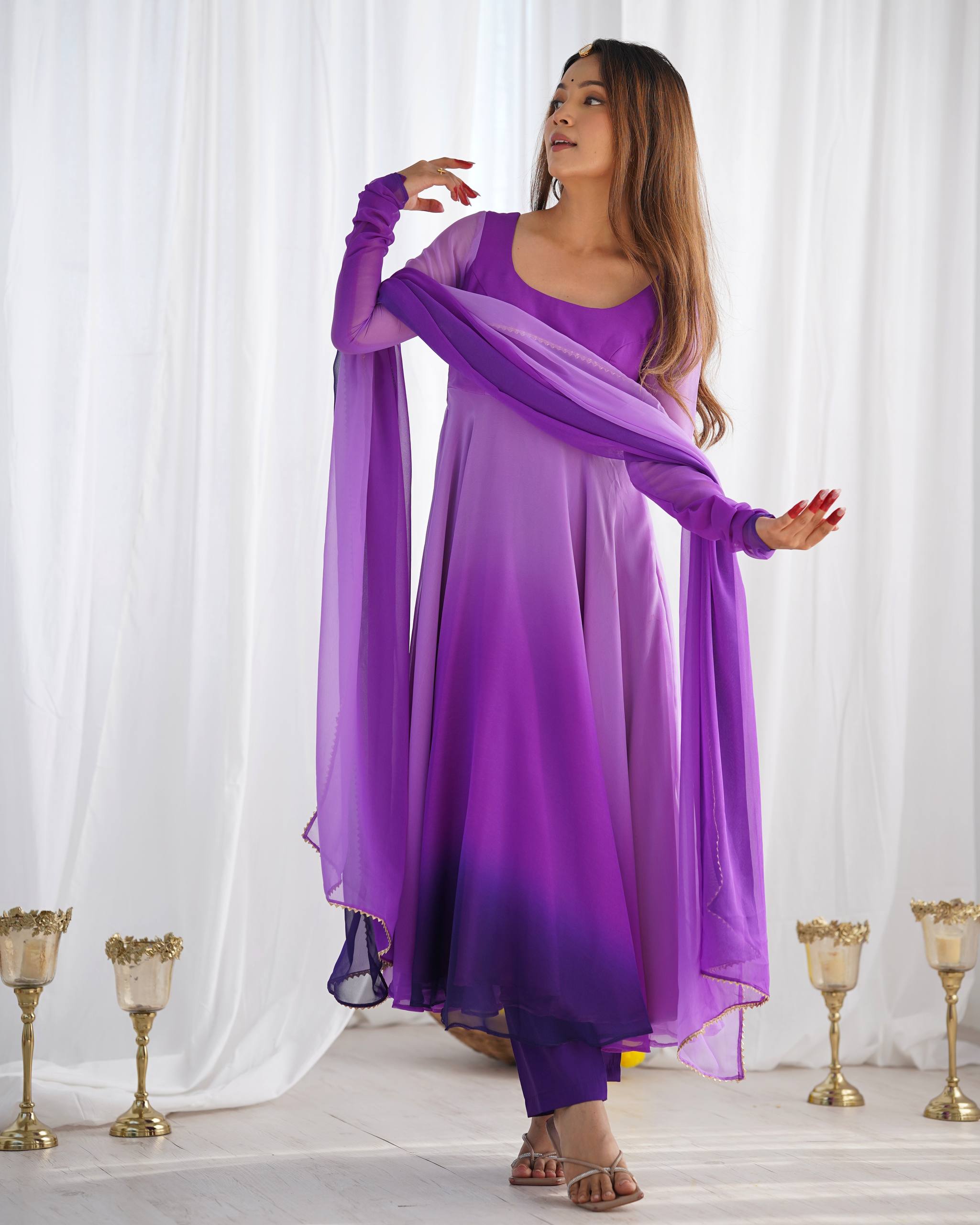 Flared Fox Georgette Anarkali Suit Set with Dupatta and Pant