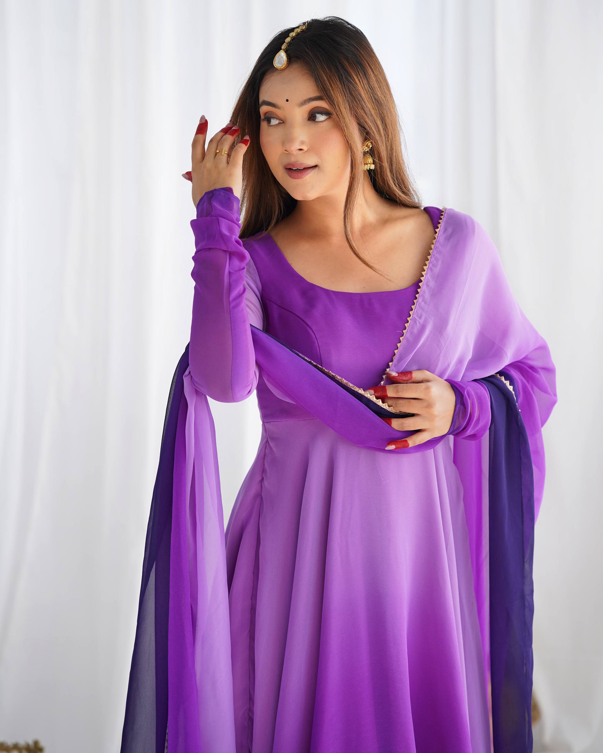 Flared Fox Georgette Anarkali Suit Set with Dupatta and Pant