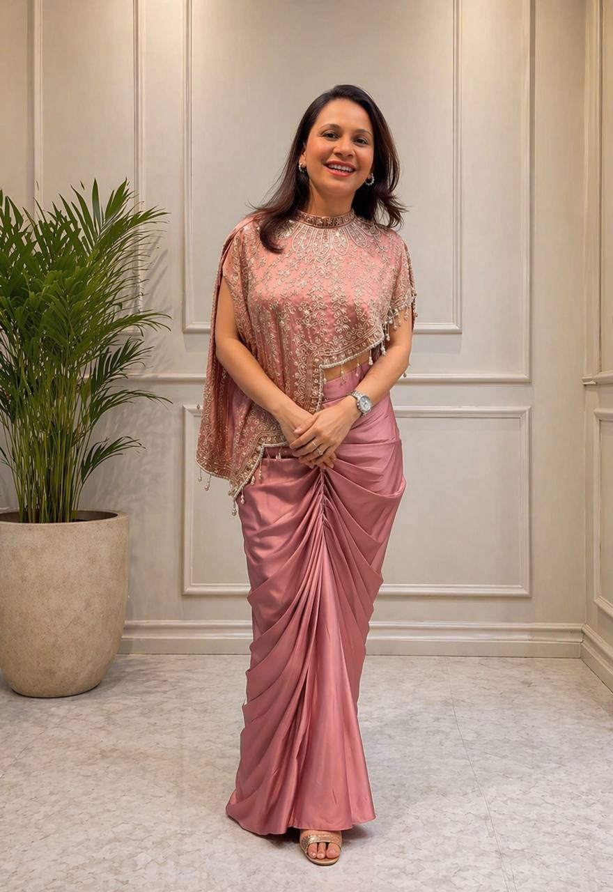 Women's Crepe Silk Indo-Western Dhoti Set with Embroidered Koti and Blouse