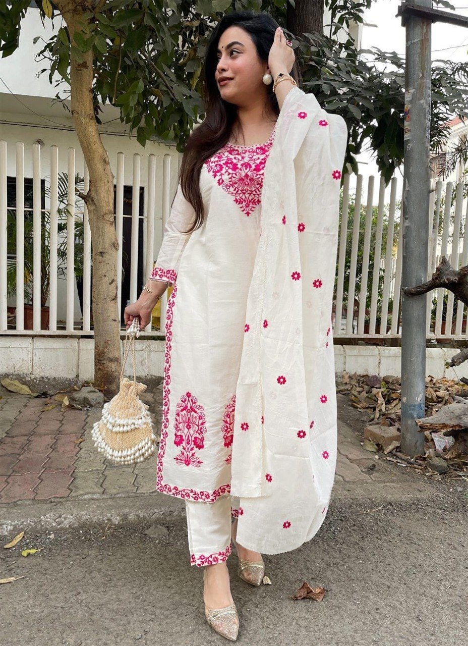 Women's White Tesla Embroidered Kurta Pant Set with Vichitra Dupatta