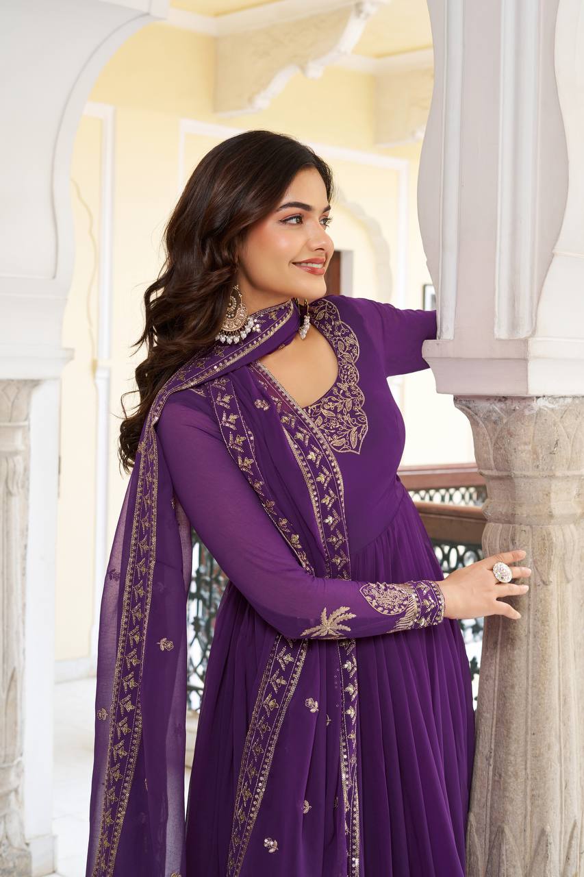 Women's Faux Georgette Embroidered Gown Set with Pant and Dupatta