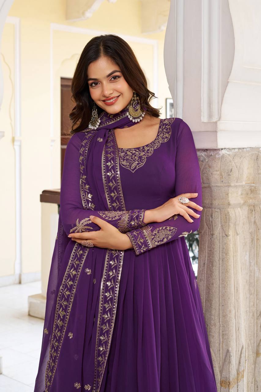 Women's Faux Georgette Embroidered Gown Set with Pant and Dupatta