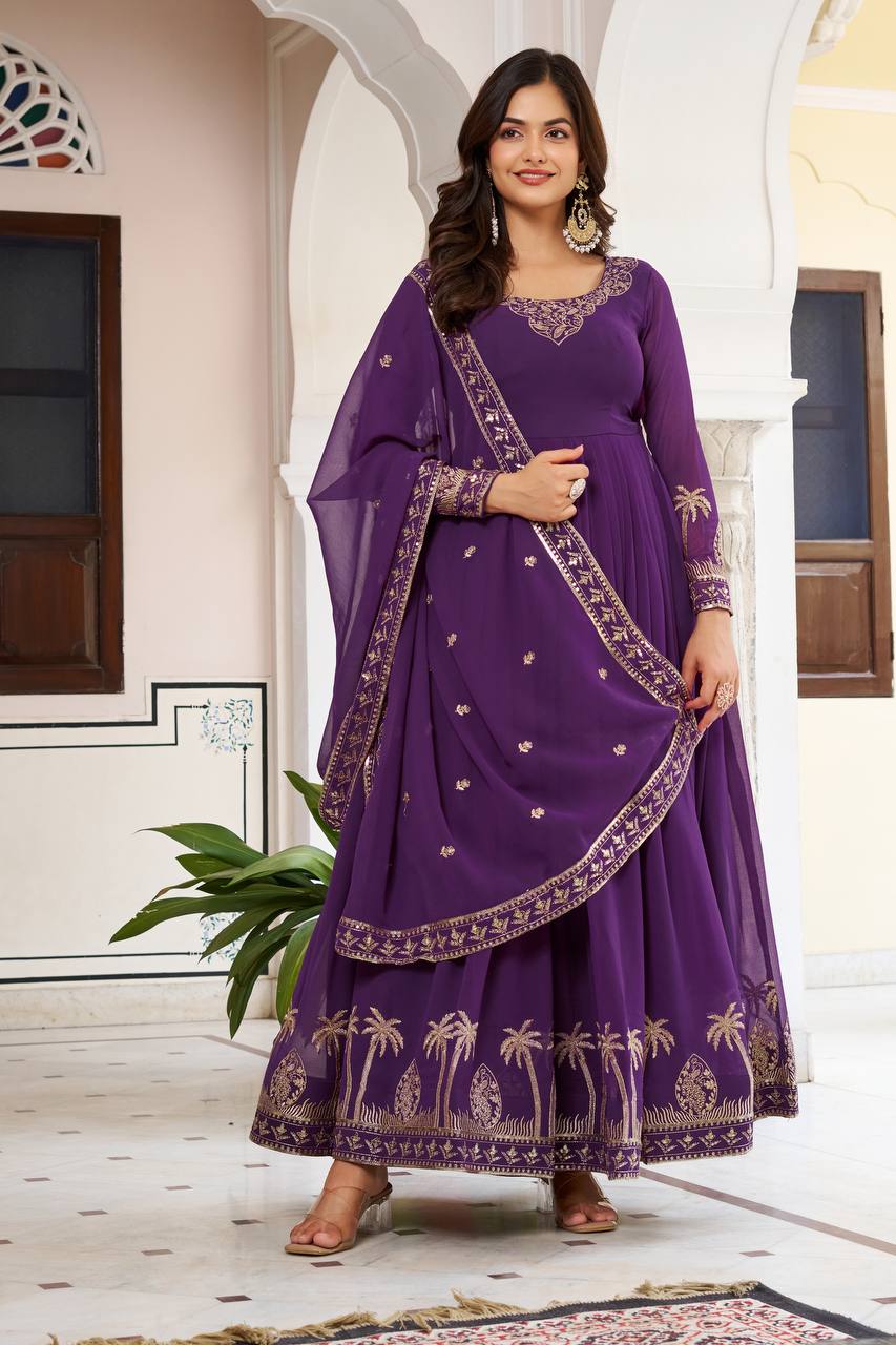 Women's Faux Georgette Embroidered Gown Set with Pant and Dupatta