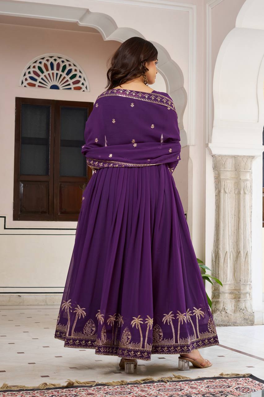 Women's Faux Georgette Embroidered Gown Set with Pant and Dupatta