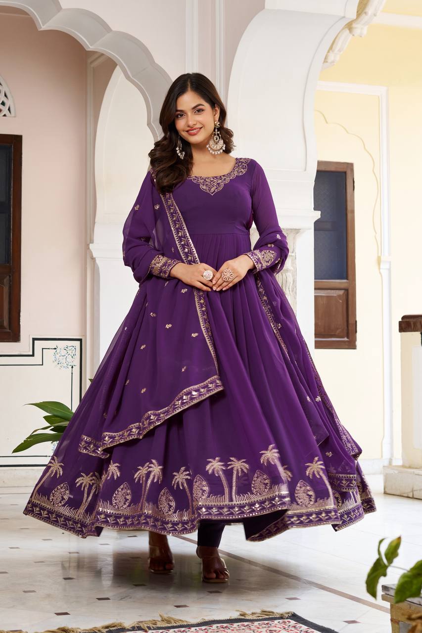 Women's Faux Georgette Embroidered Gown Set with Pant and Dupatta