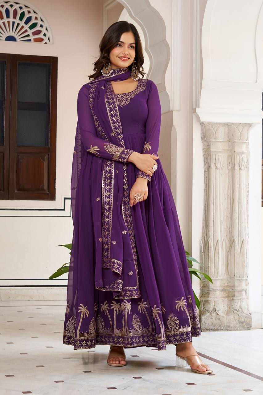 Women's Faux Georgette Embroidered Gown Set with Pant and Dupatta