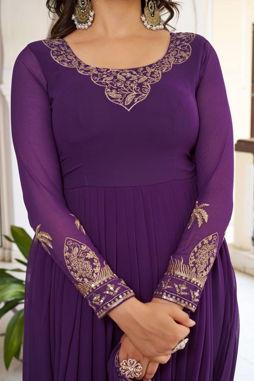 Women's Faux Georgette Embroidered Gown Set with Pant and Dupatta