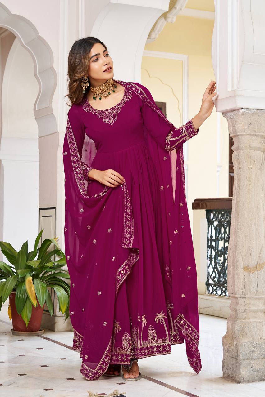 Women's Faux Georgette Embroidered Gown Set with Pant and Dupatta