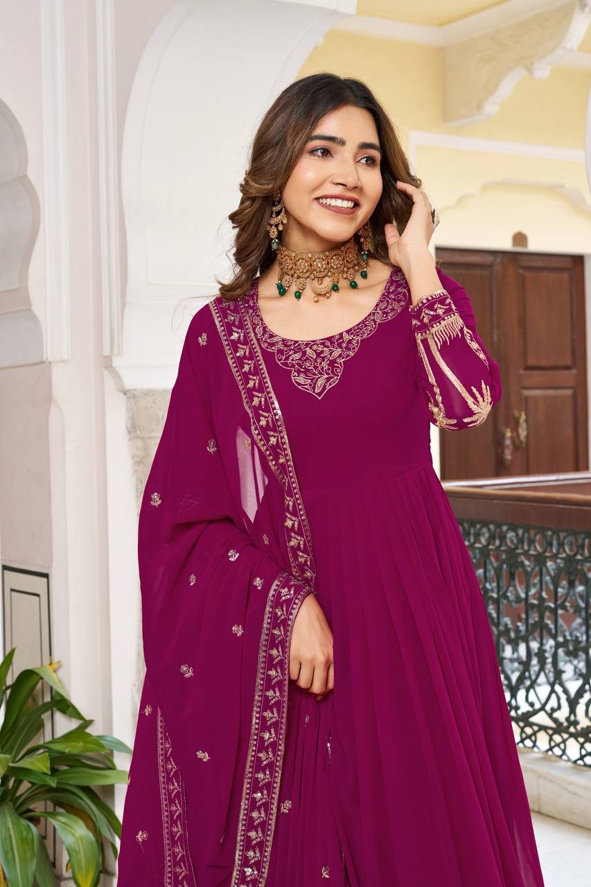 Women's Faux Georgette Embroidered Gown Set with Pant and Dupatta
