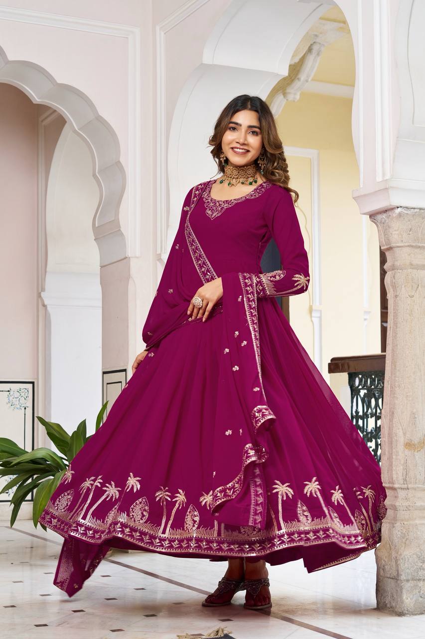 Women's Faux Georgette Embroidered Gown Set with Pant and Dupatta