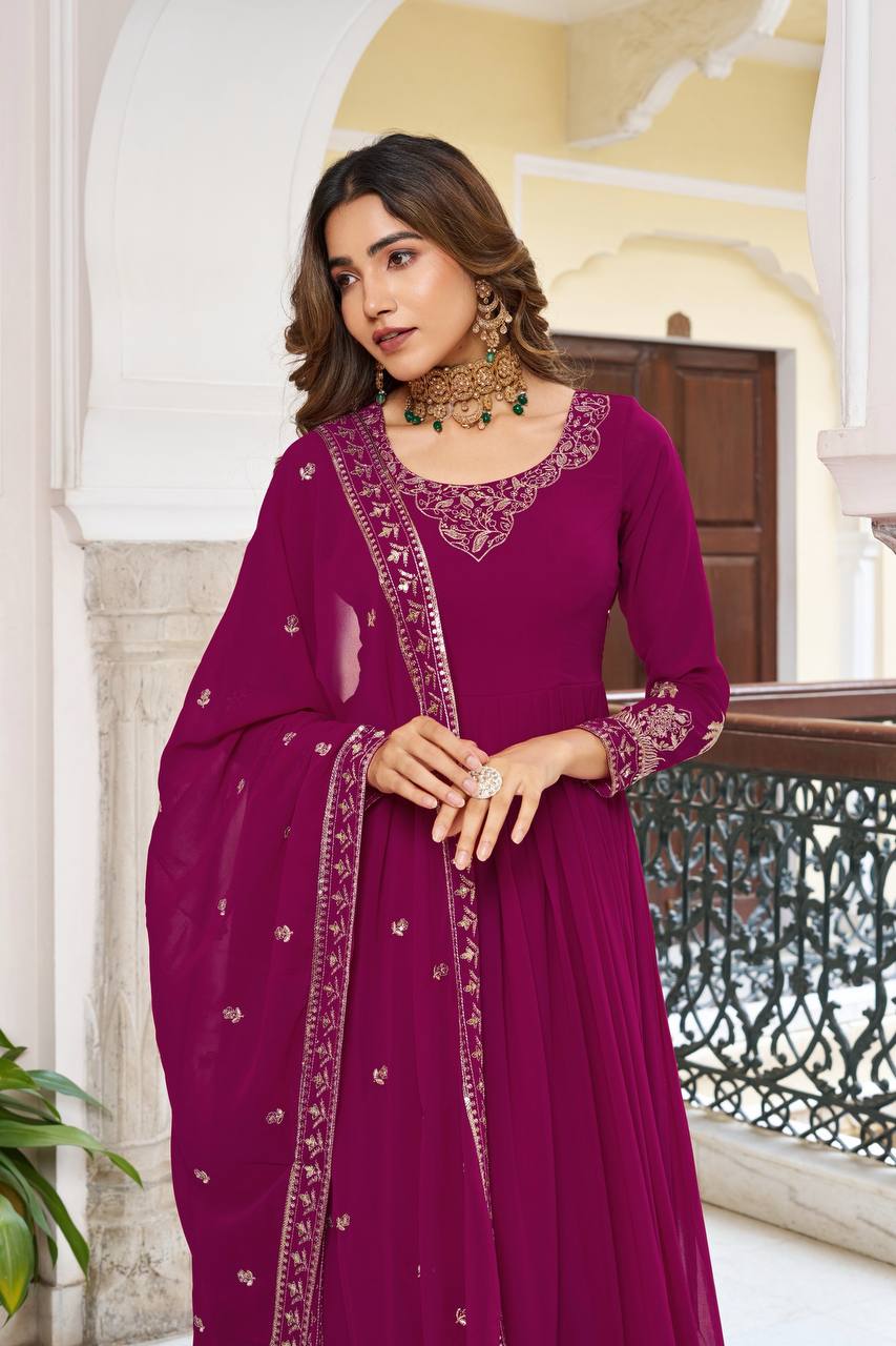 Women's Faux Georgette Embroidered Gown Set with Pant and Dupatta