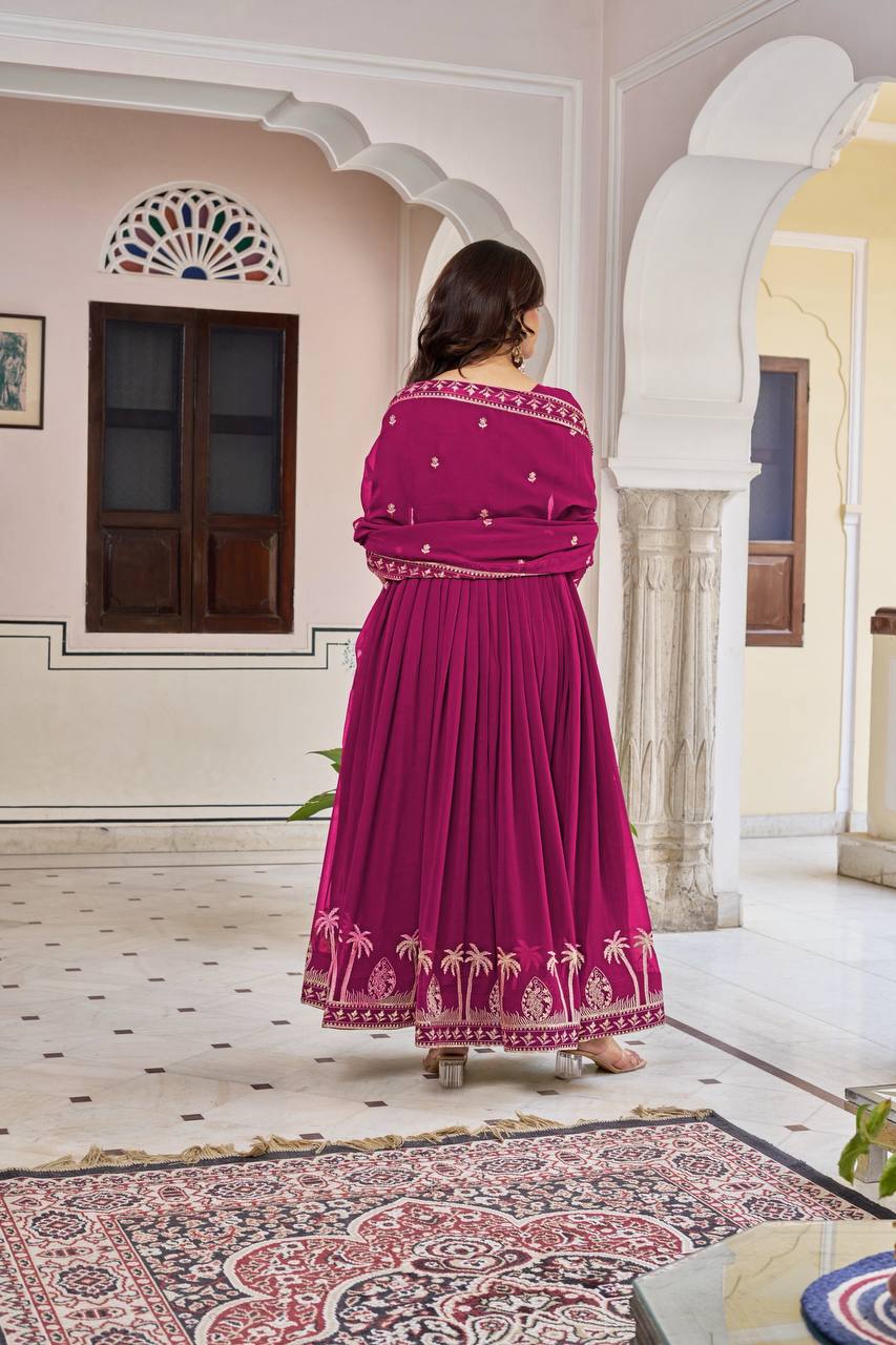 Women's Faux Georgette Embroidered Gown Set with Pant and Dupatta