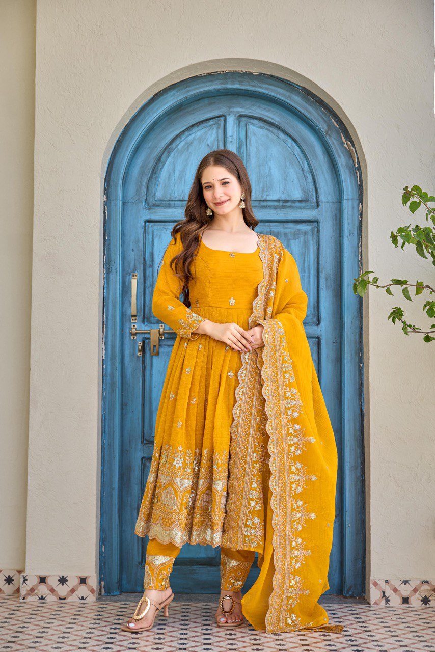 Women's Crunchy Silk Embroidered Anarkali Suit Set with Pant and Dupatta
