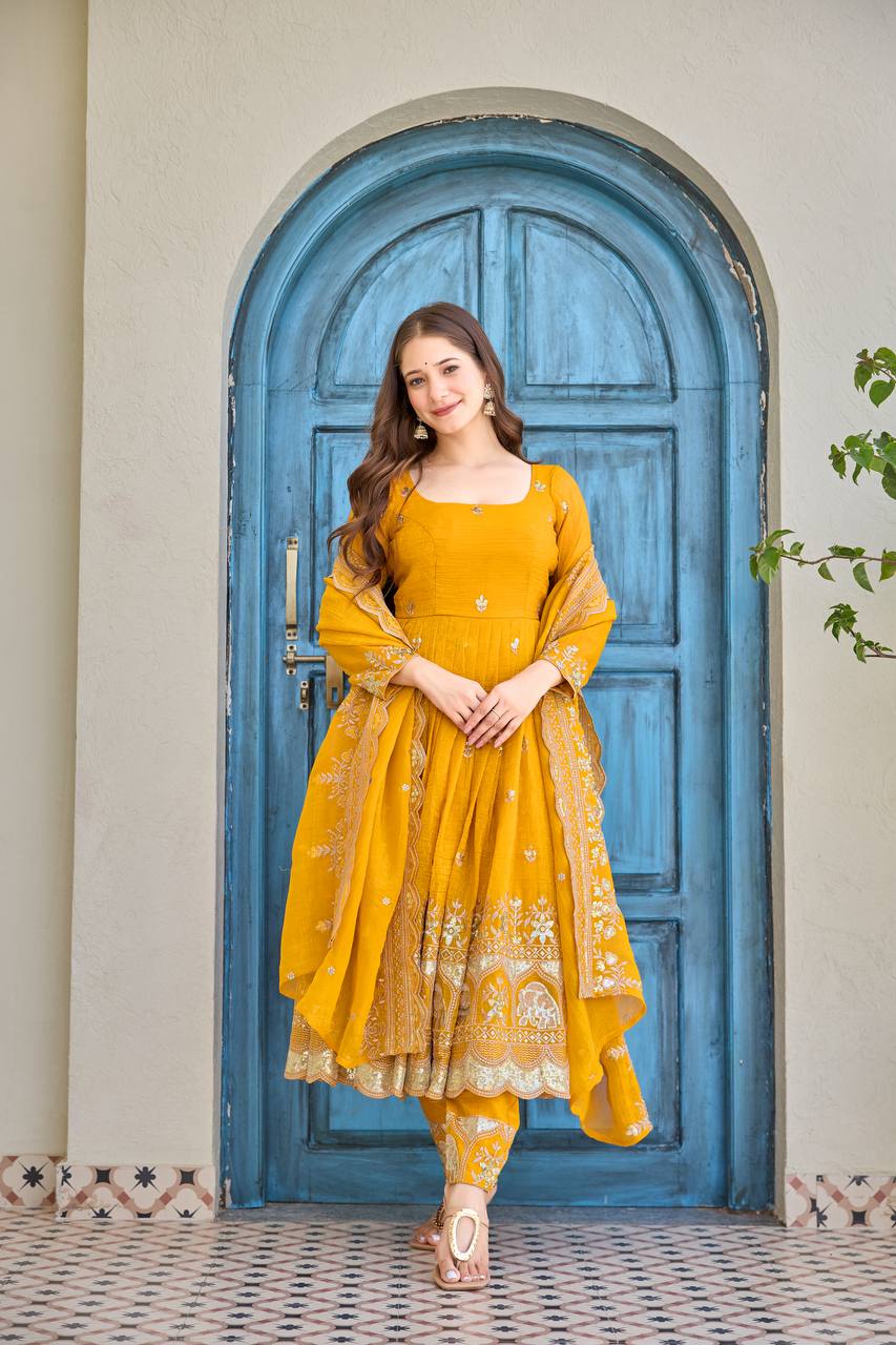 Women's Crunchy Silk Embroidered Anarkali Suit Set with Pant and Dupatta