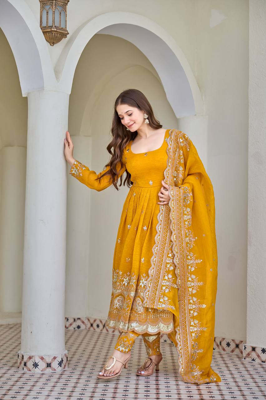 Women's Crunchy Silk Embroidered Anarkali Suit Set with Pant and Dupatta