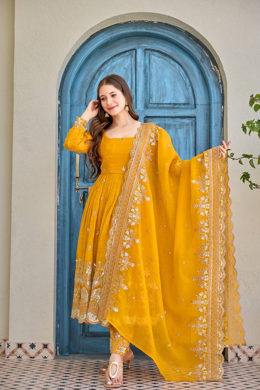 Women's Crunchy Silk Embroidered Anarkali Suit Set with Pant and Dupatta