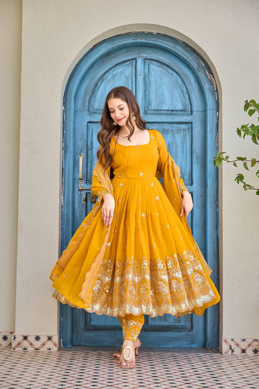 Women's Crunchy Silk Embroidered Anarkali Suit Set with Pant and Dupatta