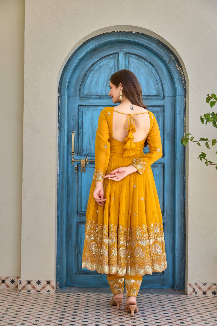 Women's Crunchy Silk Embroidered Anarkali Suit Set with Pant and Dupatta