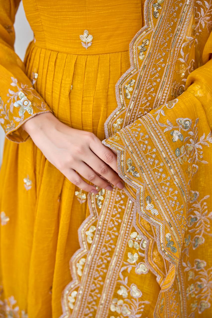 Women's Crunchy Silk Embroidered Anarkali Suit Set with Pant and Dupatta