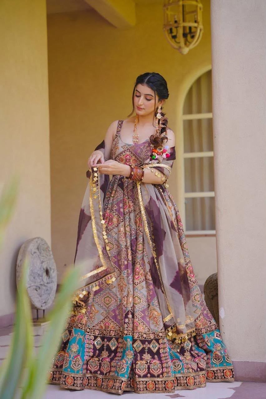 Digital Printed Jimmy Organza Silk Anarkali Gown with Designer Lace Dupatta