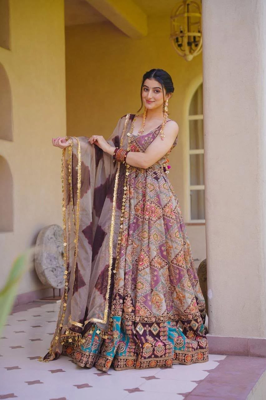 Digital Printed Jimmy Organza Silk Anarkali Gown with Designer Lace Dupatta