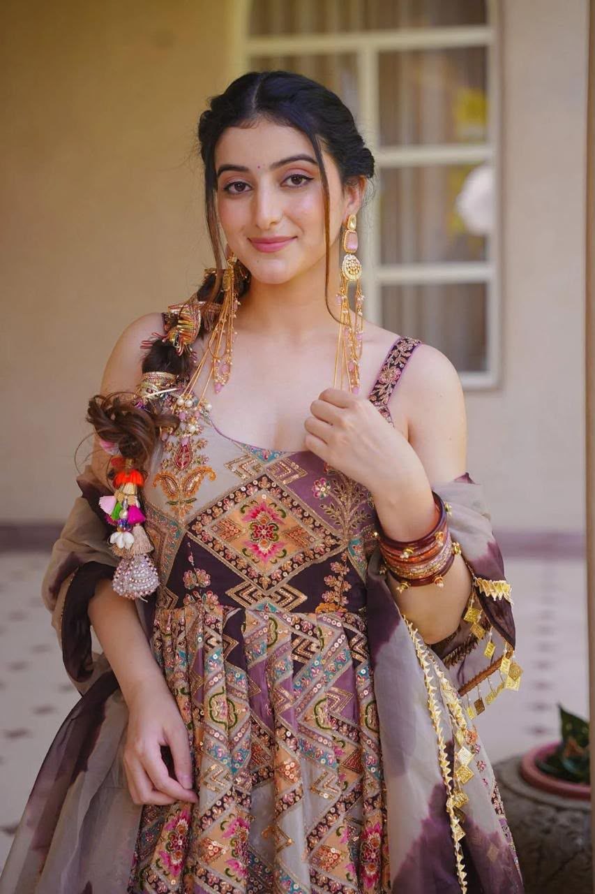 Digital Printed Jimmy Organza Silk Anarkali Gown with Designer Lace Dupatta