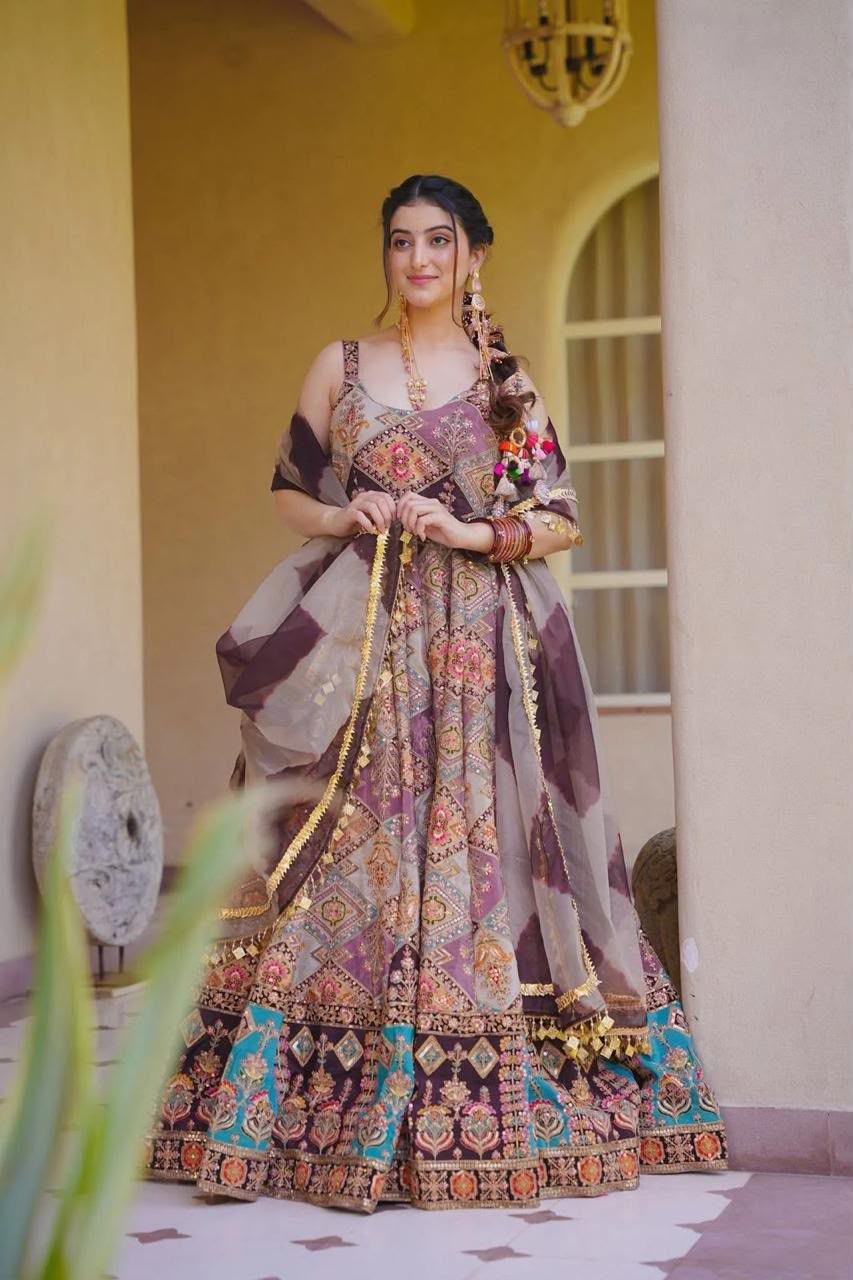 Digital Printed Jimmy Organza Silk Anarkali Gown with Designer Lace Dupatta