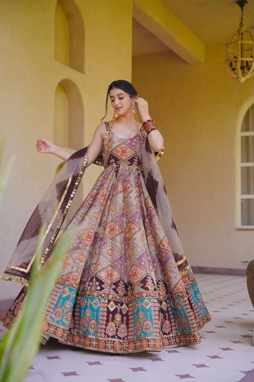 Digital Printed Jimmy Organza Silk Anarkali Gown with Designer Lace Dupatta