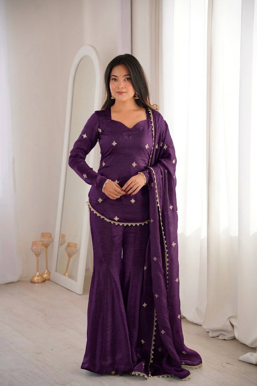 Women's Fendy Silk Embroidered Sharara Palazzo Suit Set with Dupatta