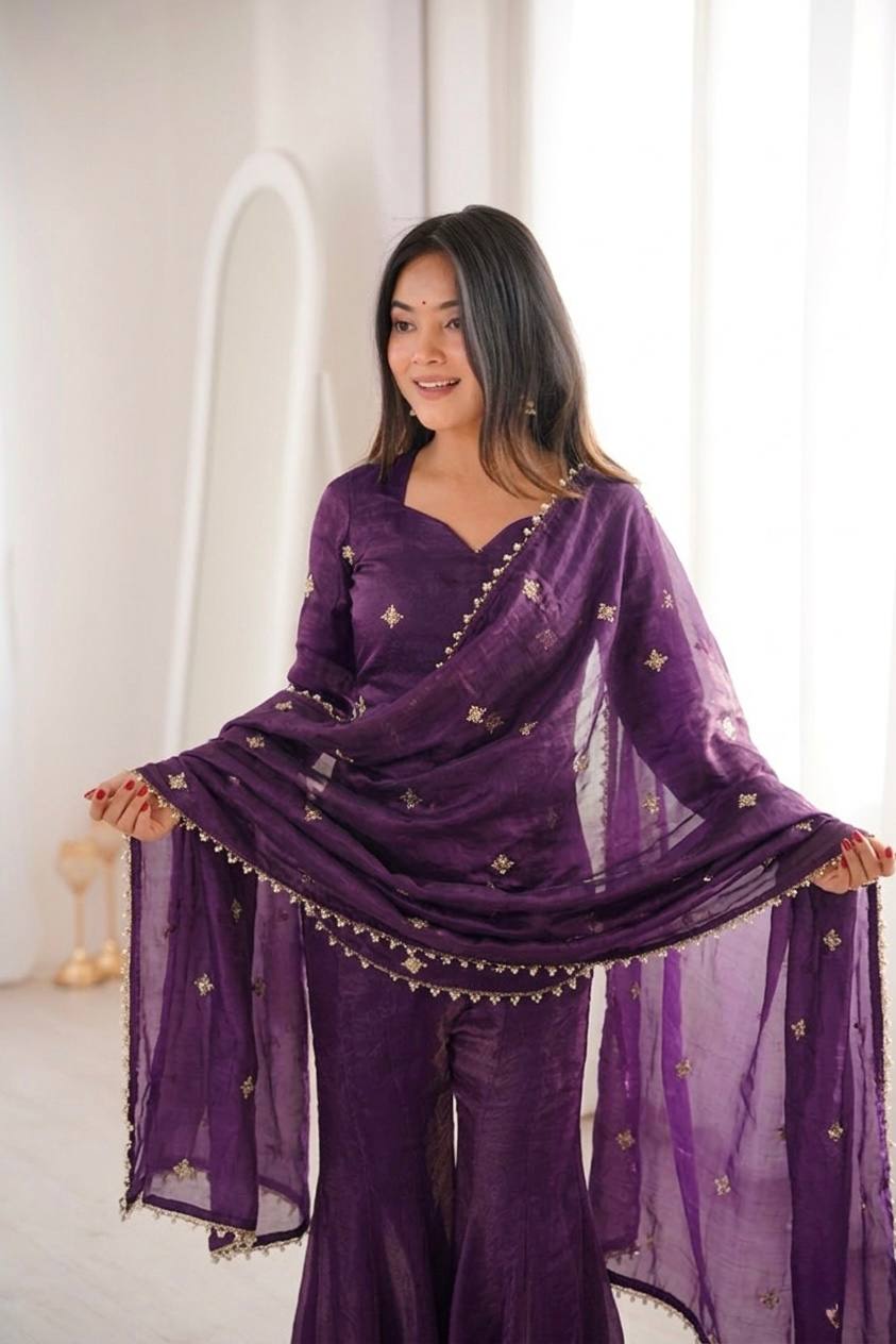 Women's Fendy Silk Embroidered Sharara Palazzo Suit Set with Dupatta