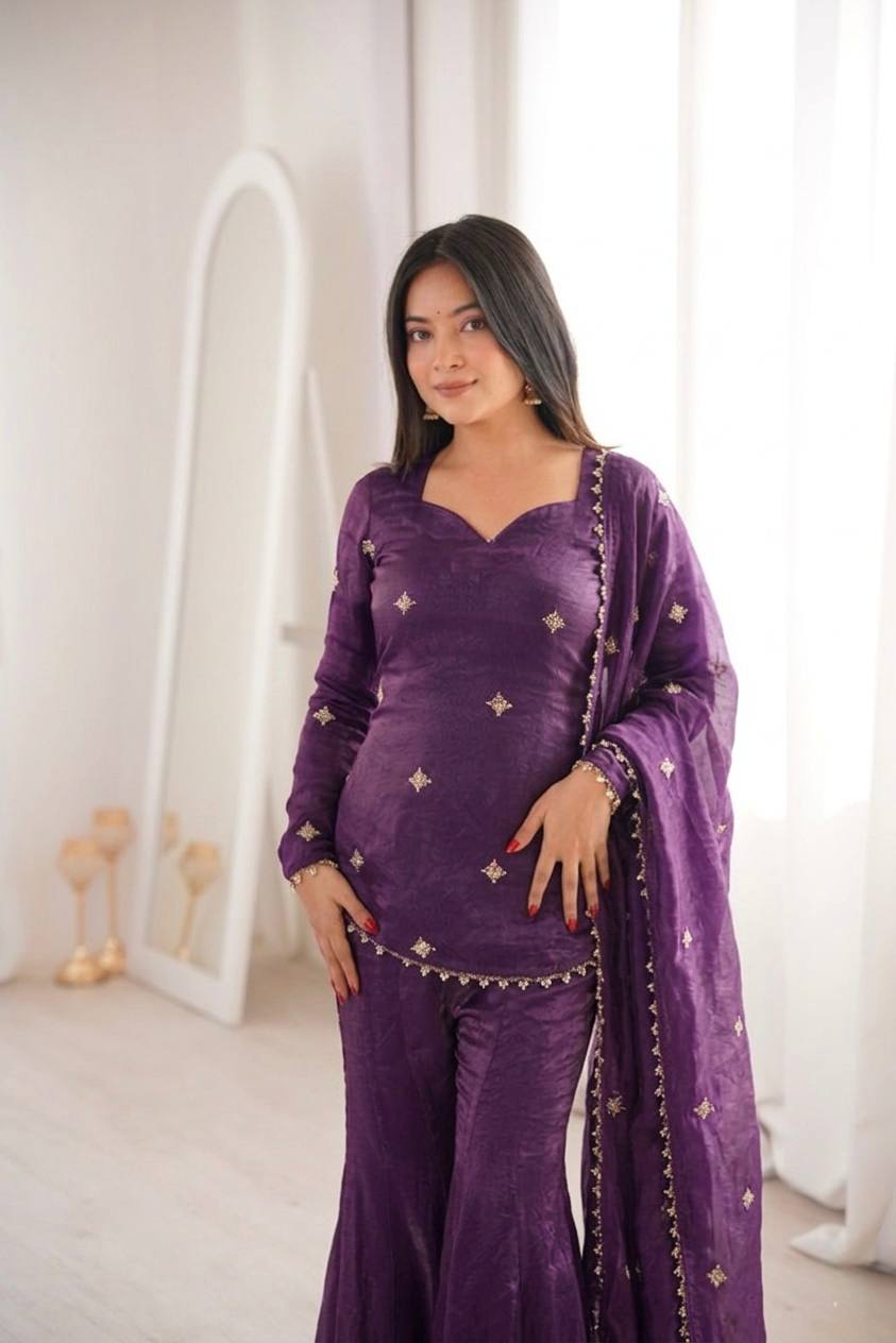 Women's Fendy Silk Embroidered Sharara Palazzo Suit Set with Dupatta