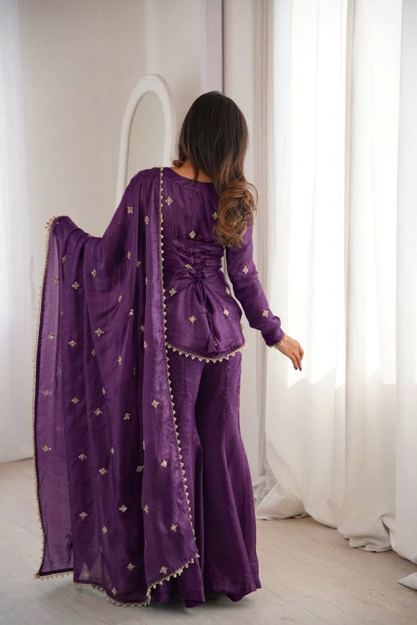 Women's Fendy Silk Embroidered Sharara Palazzo Suit Set with Dupatta